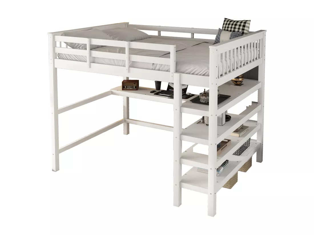Lit mezzanine 140 x 200 cm avec bureau et étagères de rangement - Bois de pin + MDF - Blanc