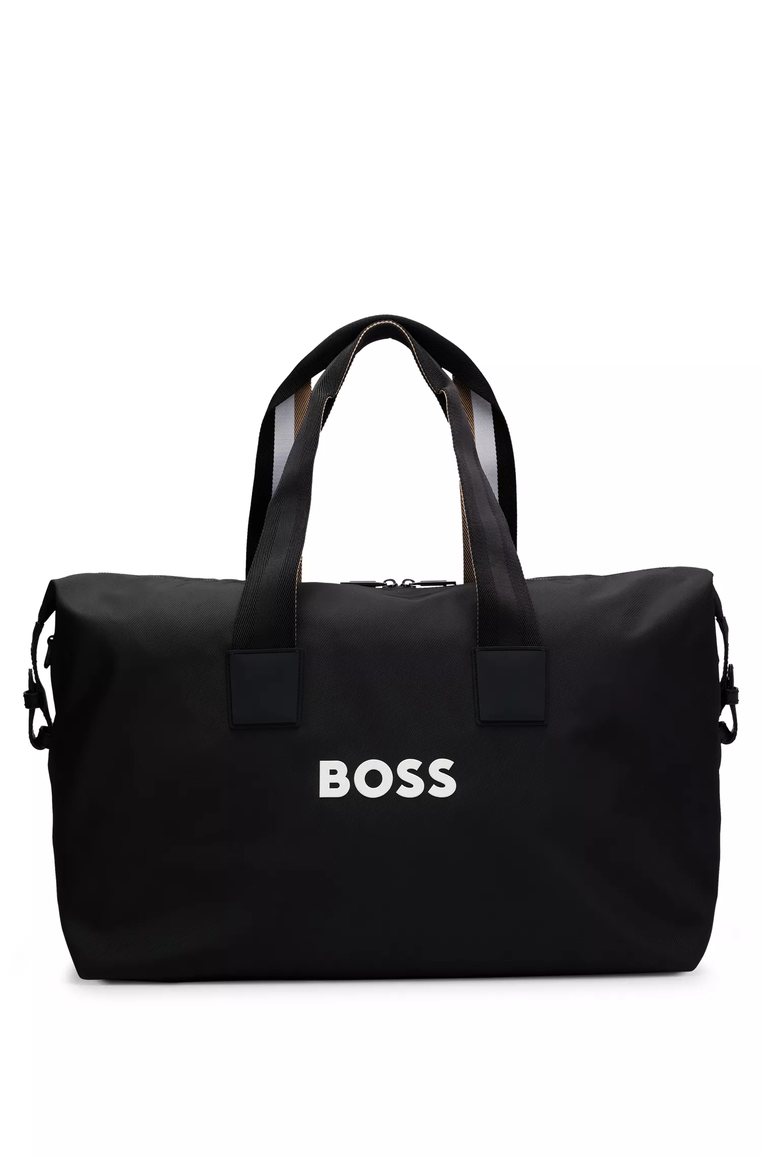 Mala de viagem BOSS com logotipo em contraste preto e alças com listras características.