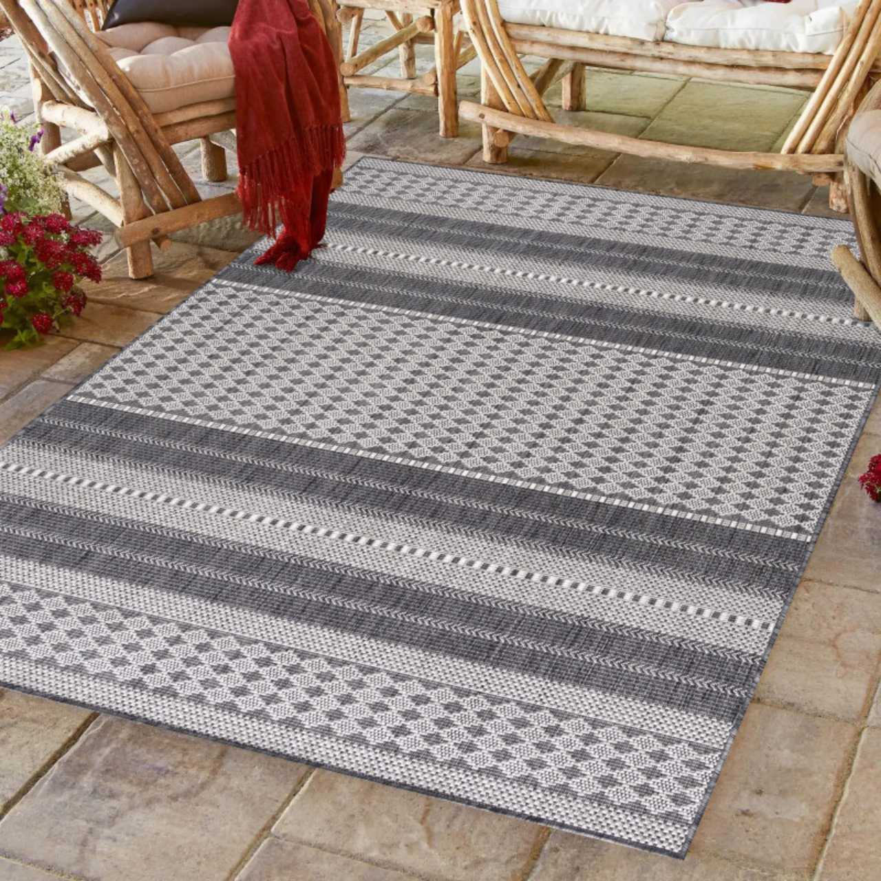 In Outdoor Teppich Beige, Vintage Design, Flachgewebe, Wetterfest