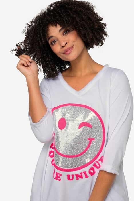 Longshirt, Smiley, Rundhals, Langarm, gerundeter Saum