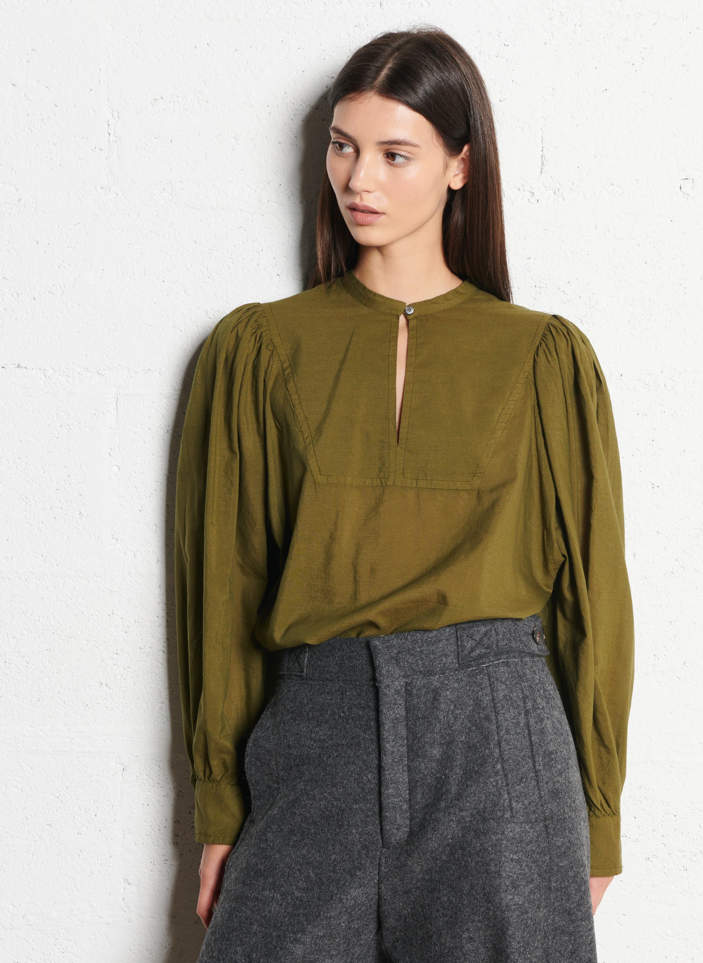 Blouse col rond droite en coton et soie mélangé | Vert
