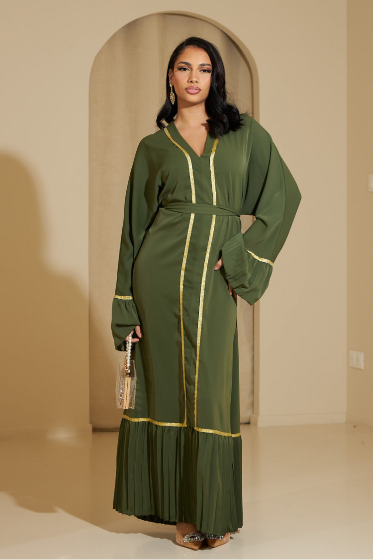 Abaya kaki fluide à dorures et plissées