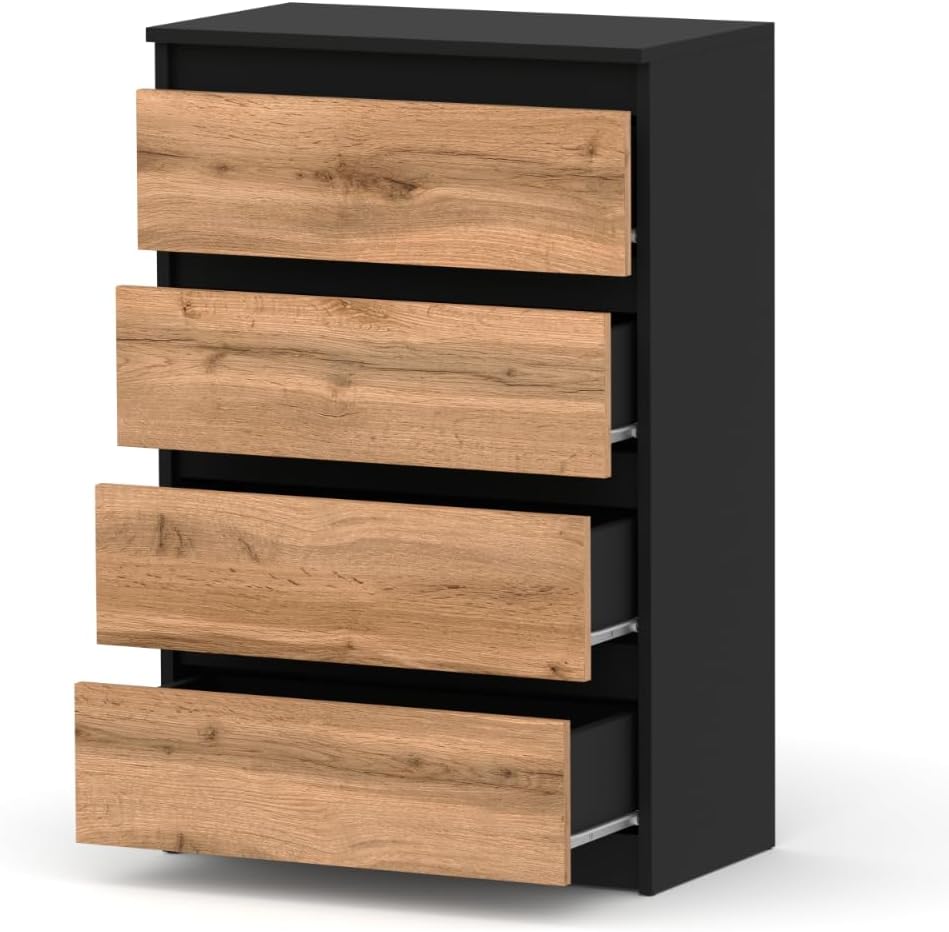 Kommode mit 4 Schubladen - Holz Sideboard 60 x 92,5 x 33,5 cm (B/H/T) - Schmale Kommode für Schlafzimmer & Flur - Regal mit Schubladen - Schrank mit Schubladen (Schwarz Matt - Wotan)