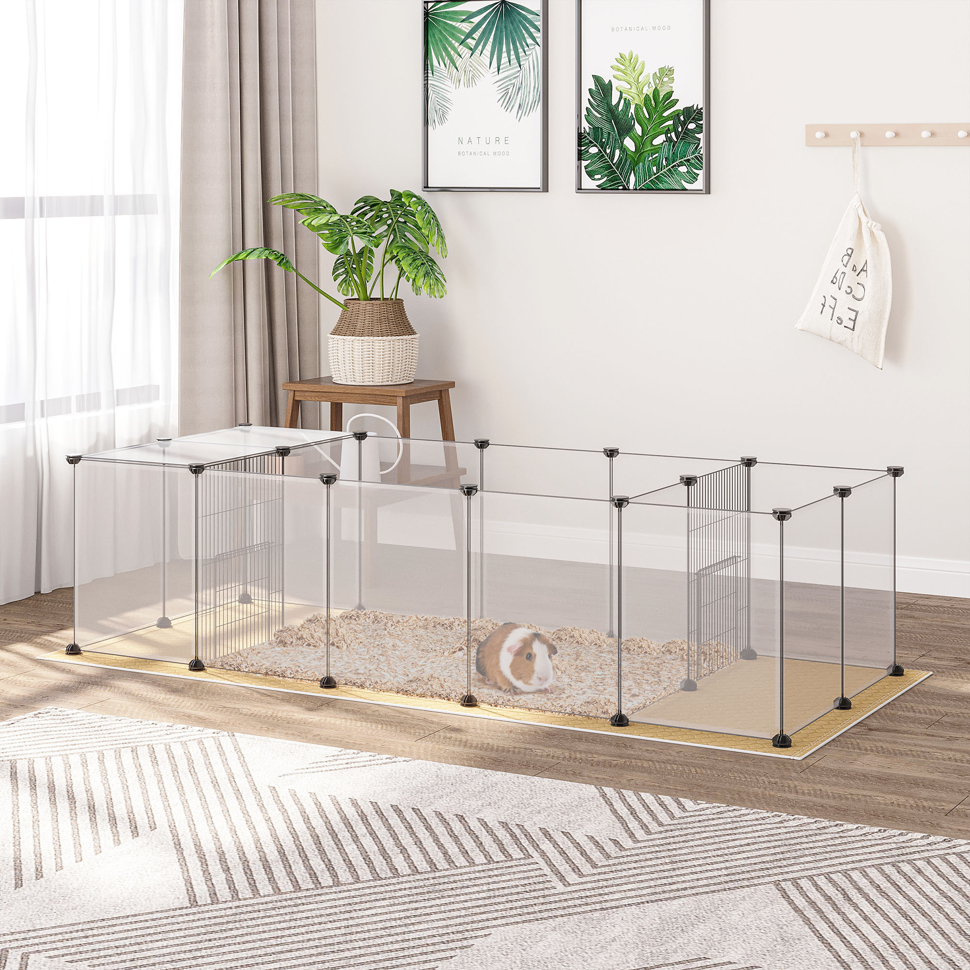 Parque infantil modular Pawhut DIY com tapete, para pequenos animais, com 20 painéis de resina, ideal para porquinhos-da-índia, coelhos e chinchilas, 175 x 70 x 45 cm, branco.