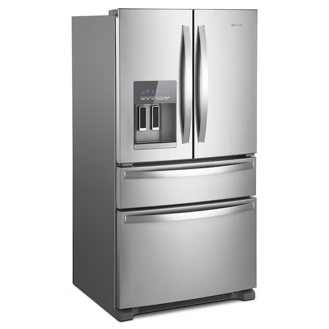 Refrigerador Whirlpool de 24,5 pés cúbicos com 4 portas e sistema French Door, com máquina de gelo (aço inoxidável resistente a impressões digitais) e certificação ENERGY STAR.