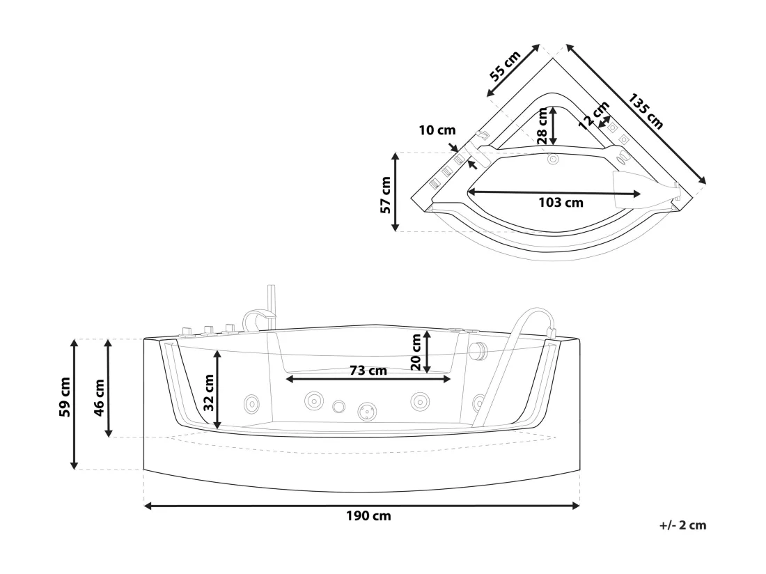 Baignoire d'angle noire 190 x 135 cma vec LED MARINA
