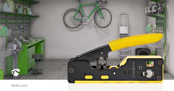 Crimp pliers | CAT5 / CAT5e / CAT6 / CAT6a / CAT7 / RJ12 / RJ45 | Cutting / Plier / Stripping | Gummi / Stål | Gul / Sort