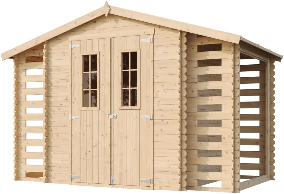 Holzhaus Gartenhaus mit Brennholzschuppen TIMBELA M391C - Gartenschuppen Holz B328xL206xH218 cm/ 3,53 + 0,97 + 0,97 m2 Lagerschuppen für Garten - Fahrrad Schuppen - Wasserfestes Dach