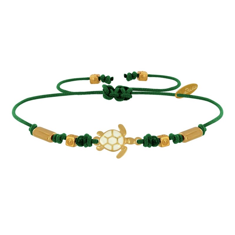 Bracelet Lien Laiton Doré Tortue Émaillé Blanche - Vert Foncé