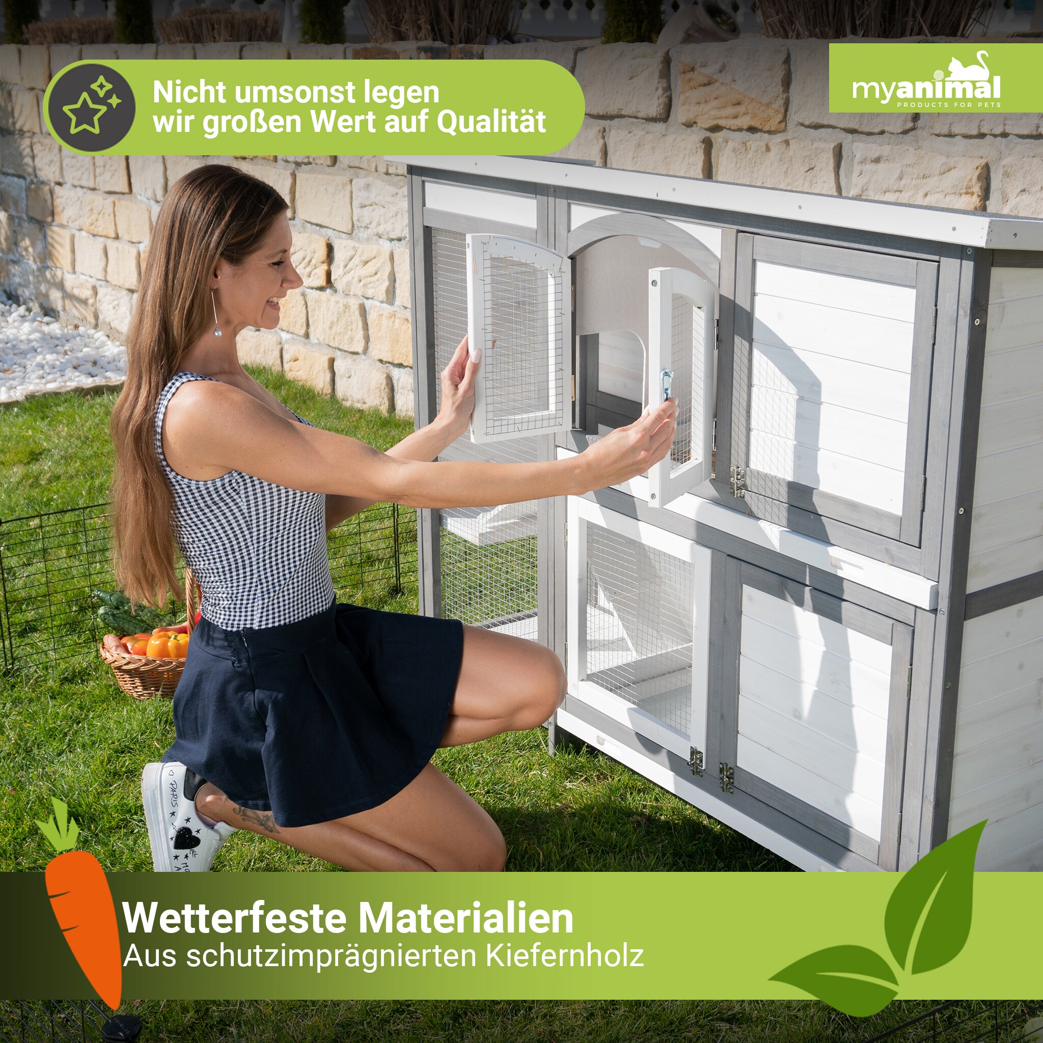 MyAnimal Hasenstall zweistöckig MH-02, Doppelstockkäfig, Kiefernholz, einfache Reinigung, wetterfest (Grau/Weiß)
