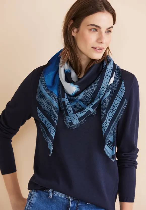 Printtuch mit Fransen - frozen sea blue