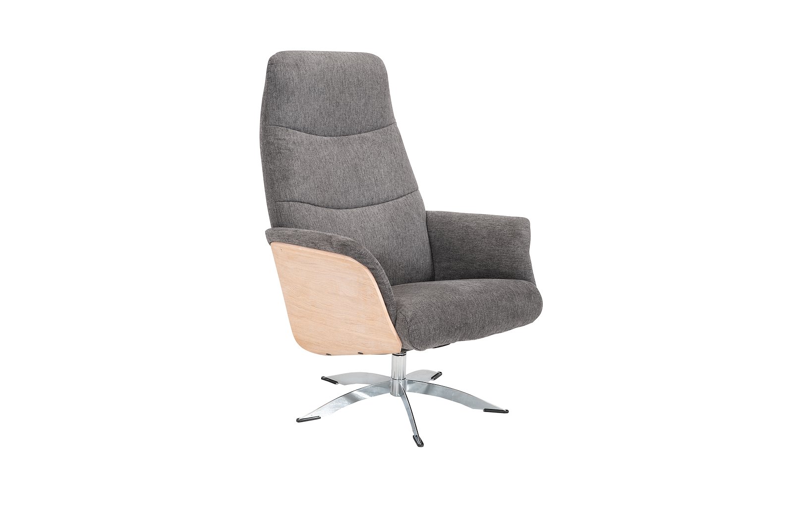 Lioni lenestol Tekstil Brego 3596 antracite, med hvitoljet trevanger. Kromfarget space sokkel.