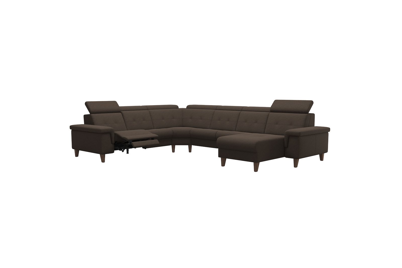 Anna C22 hjørnesofa (PMCMM) med LS (M) Tekstil Calido Brown med A2 arm og valnøttbeisede skrå ben, 14 cm. (Power-Manual-CornerManual-Manual-Manual)