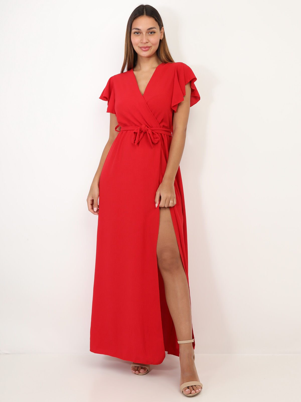 Robe longue fendue à col cache coeur- Rouge