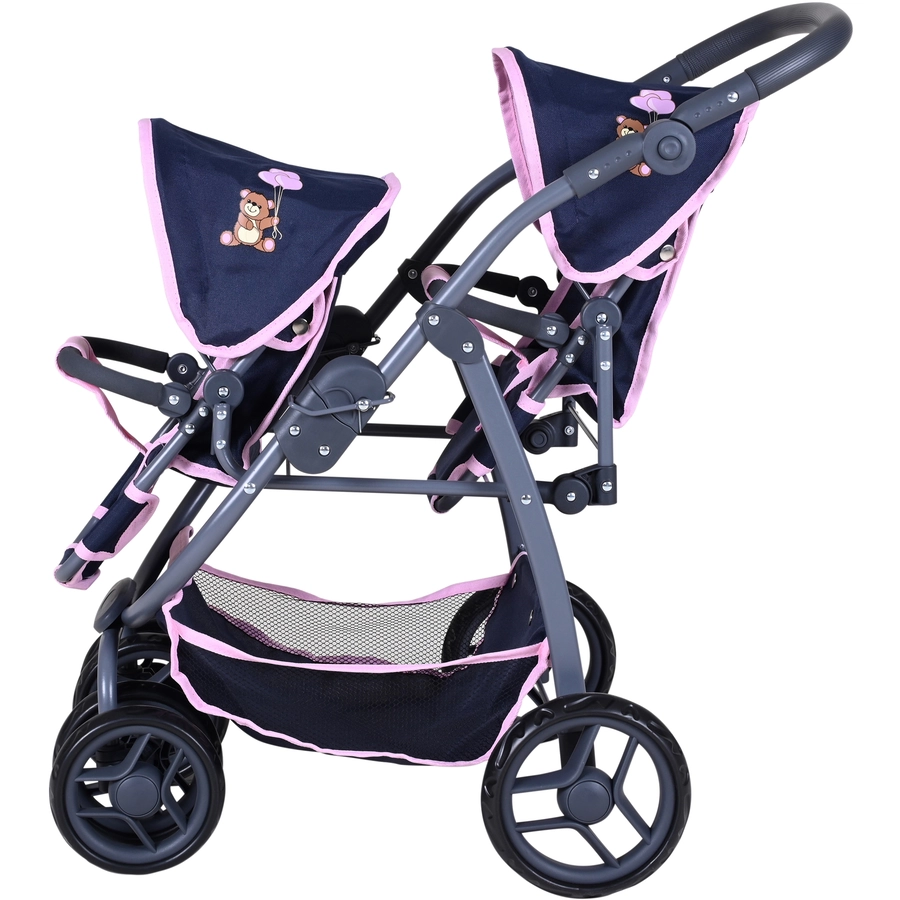 knorr toys® Zwillingspuppenwagen Milo - Navy pink bear blau