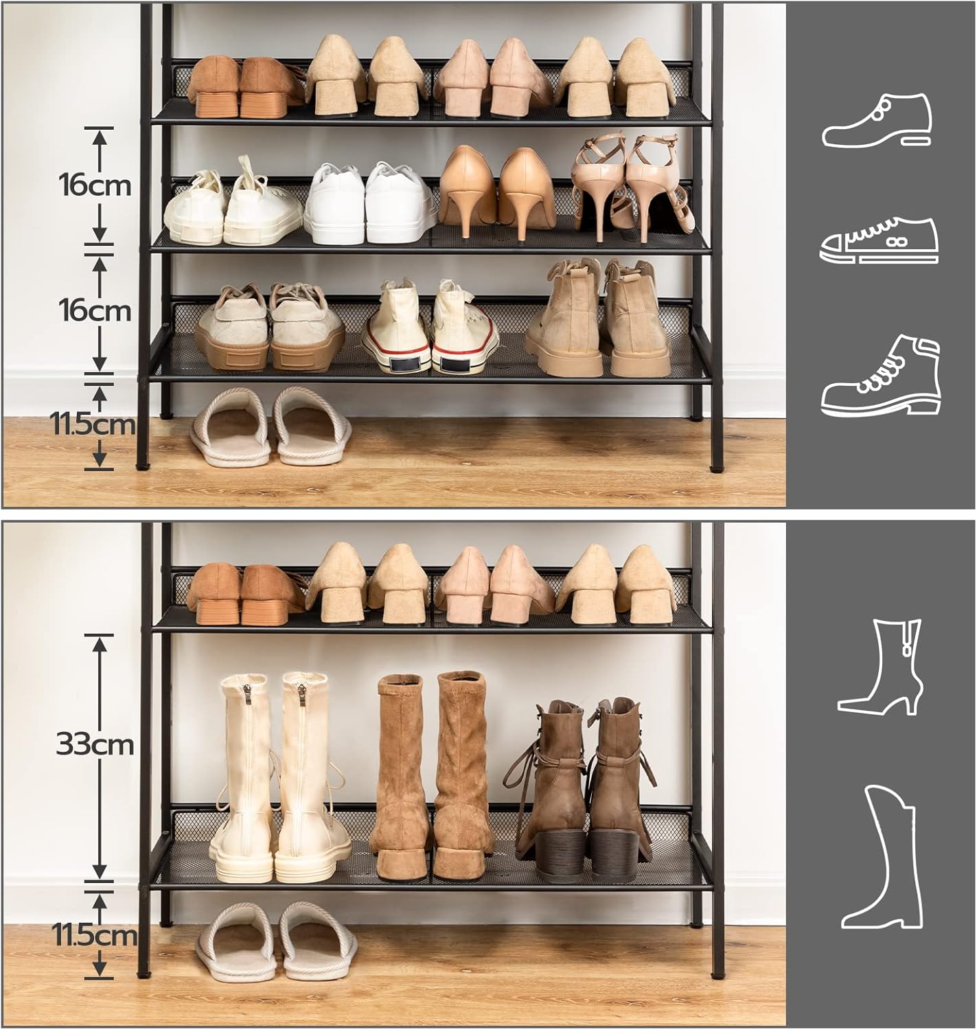 HOOBRO 8-stöckiges Schuhregal, Schuhschrank hoch, Große schmal Schuhablage, Flache und kippbare Gitternetzregale, Metall, für 24-32 Paar, für Eingang, Flur, vintagebraun-schwarz EBF18XJ01