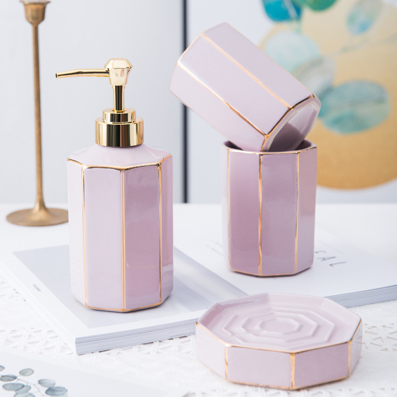 (4-tlg. Set) Keramik Badezimmer Accessoire Bad Essentials - Rosa / Gold