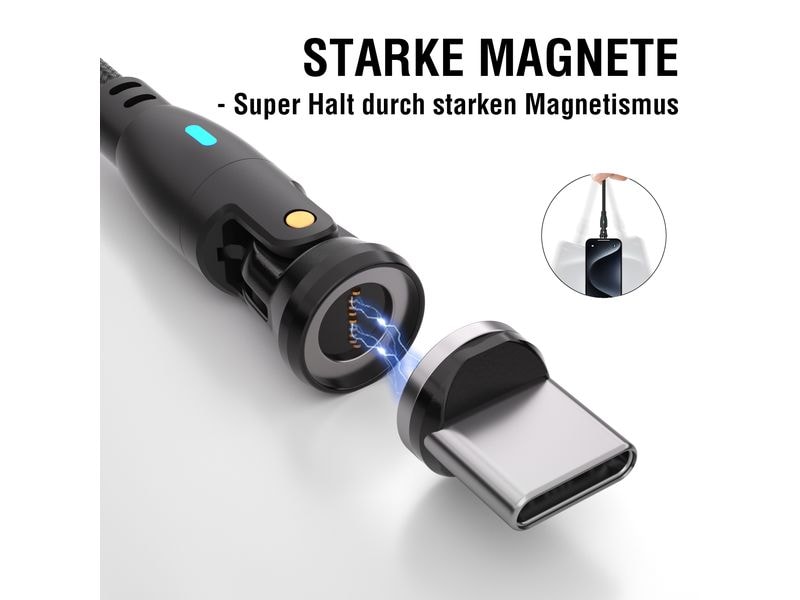 4smarts USB-Kabel C/A 540° Magnetkabel GravityCord 100W 1.8 USB-C/A 540° Magnetkabel GravityCord 100W 1.8m Schwarz, Magnetische Stecker