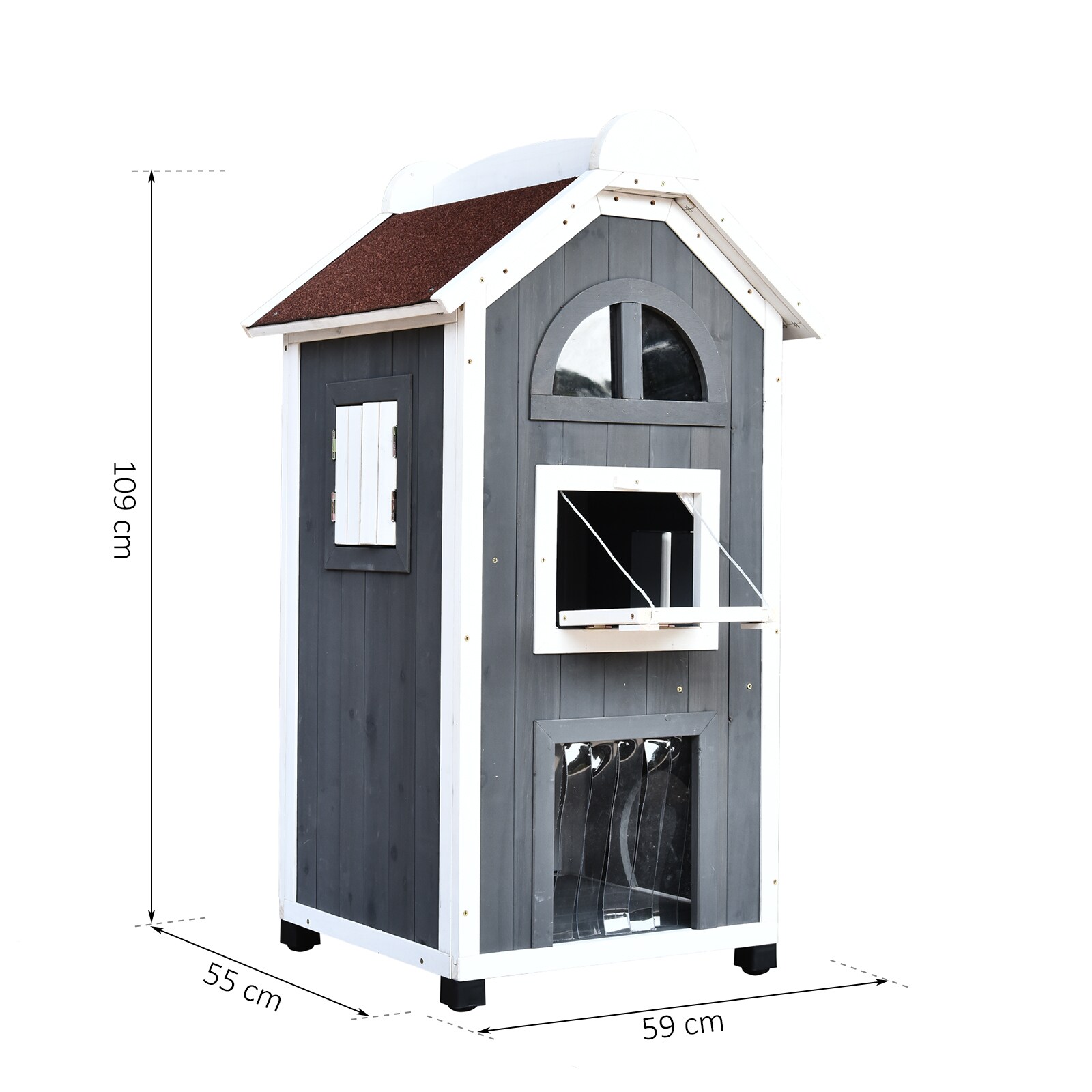 PawHut Katzenvilla mit Asphaltdach grau, weiß 59 x 55 x 109 cm (LxBxH)