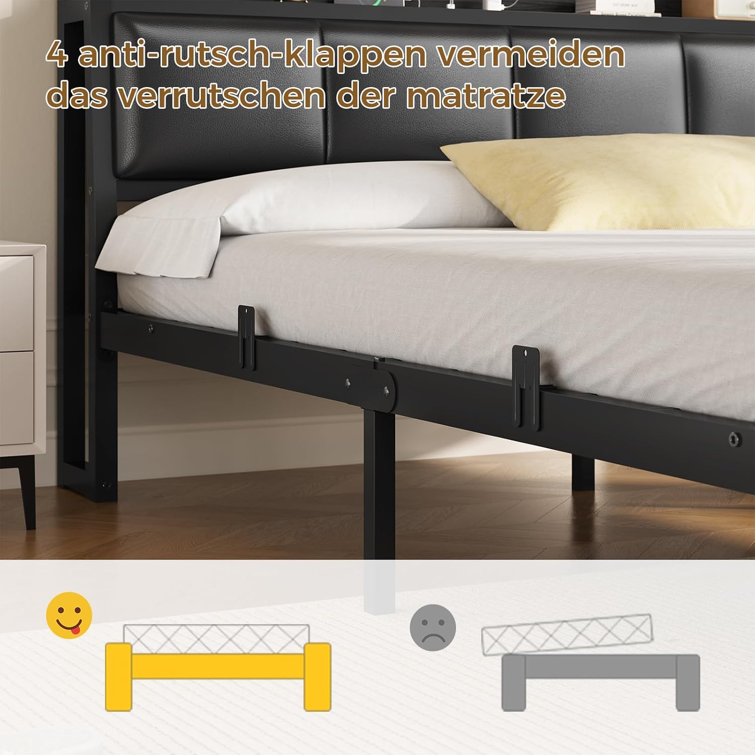 Bett 140 x 200, Bett mit LED-Beleuchtung, Polsterbett 140x200, Ladestation, Bettgestell mit Lattenrost, für Schlafzimmer, Gästezimmer, Schwarz