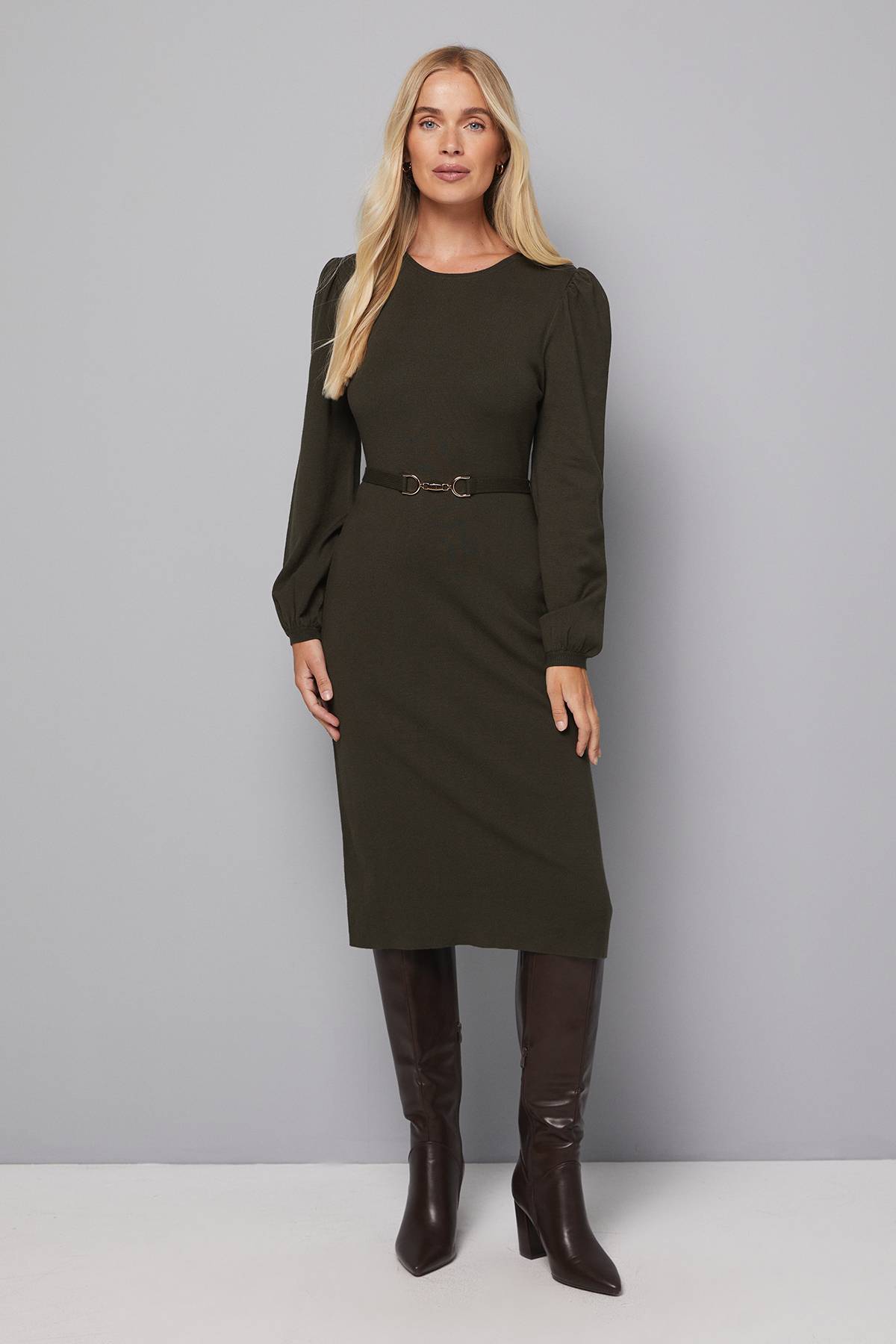 Wallis Robe Tricotée à Manches Ballon Ceinturée Petite Taille