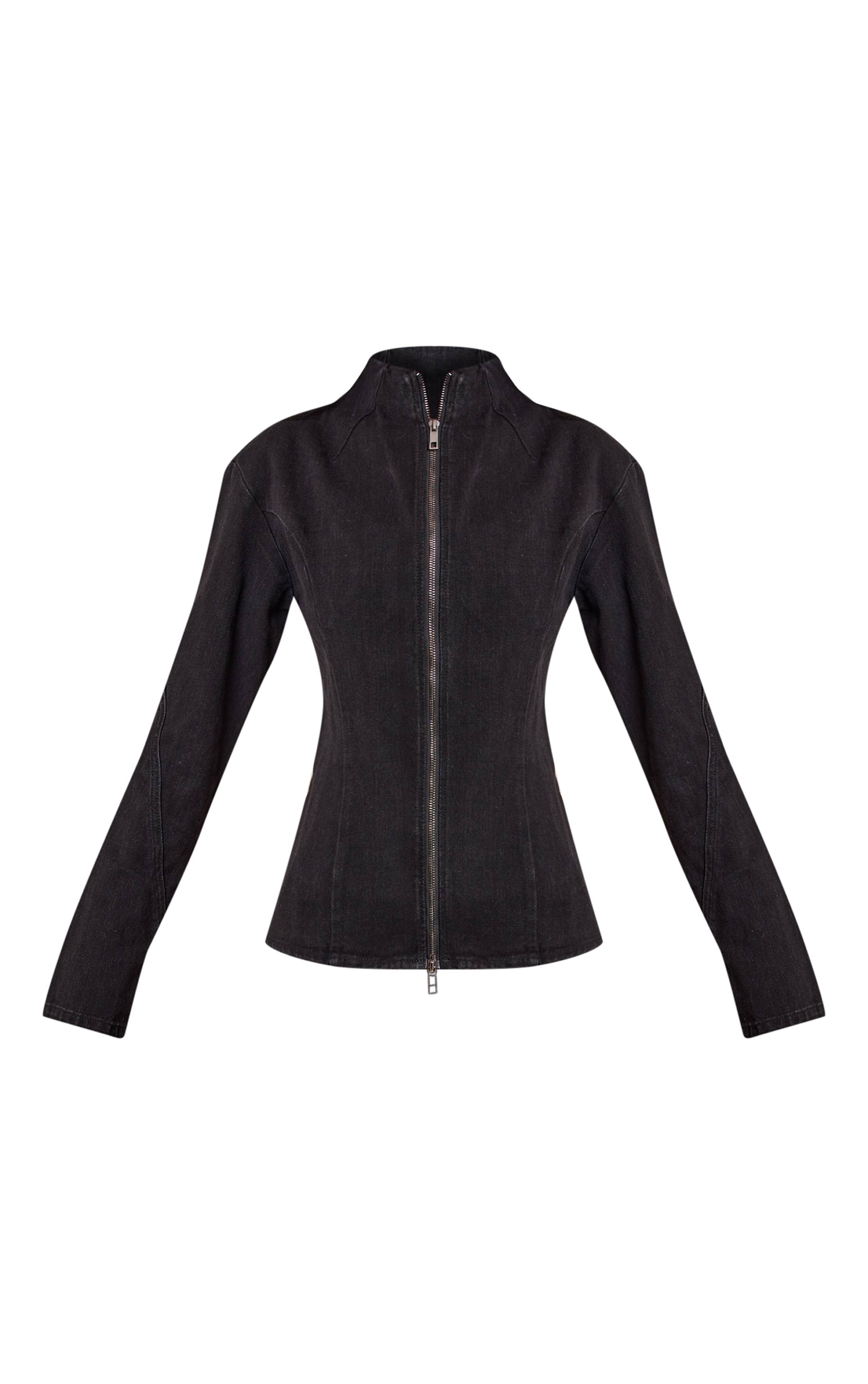 Noir Délavé Veste Ajustée Col Montant À Détails De Coutures Tall
