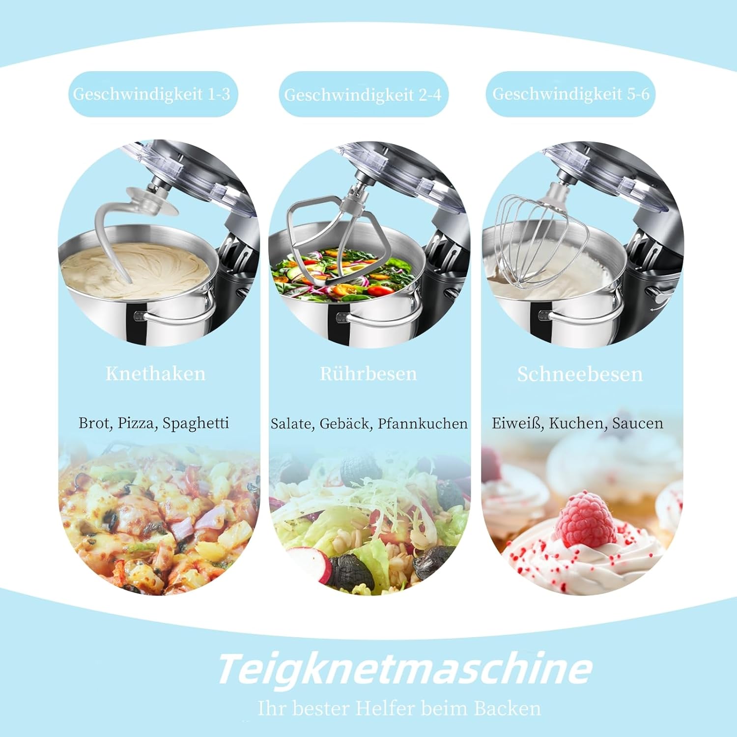 Kitchen in the box Küchenmaschine, 6,2 L Knetmaschine 1400 W, 6 Geschwindigkeits Teigmaschine mit Rührhaken, Knethaken, Schneebesen, Grau