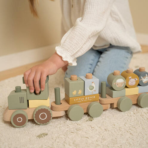 Train à blocs en bois FSC, tracteur - Little Farm - LITTLE DUTCH