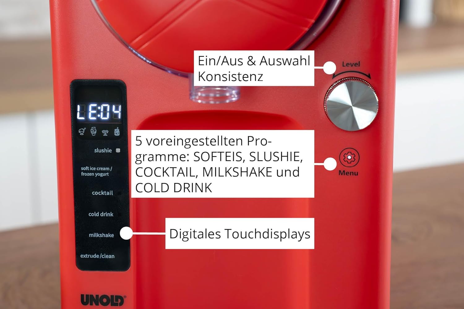 Unold 48953 Slush- und Softeismaschine Sofie mit Kompressor ca. 2 L 5 Programme für Slushies, Softeis Frozen Cocktails, Milchshakes in 30 min, Behälter spülmaschinengeeignet, Rot