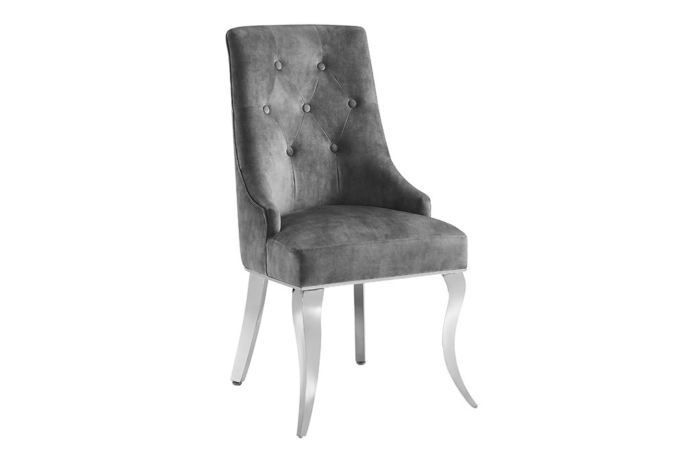 Stuhl MODERN BAROCK DELUXE grau Samt silber Edelstahlbeine mit Löwenkopf