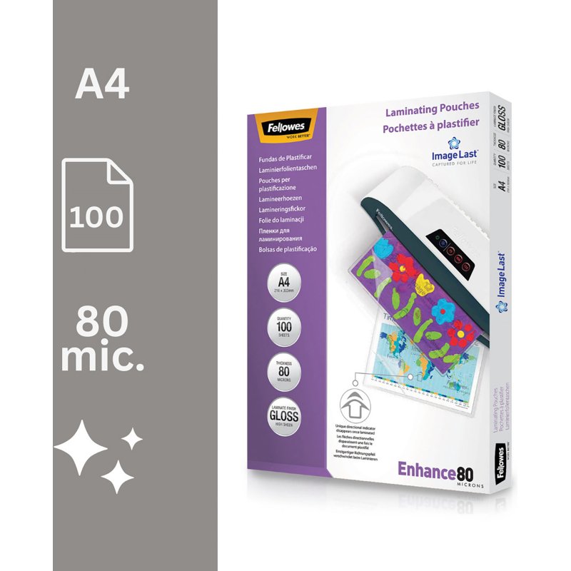 Pochettes de plastification ImageLast Fellowes A4 2 x 80 µ brillantes - Boite de 100