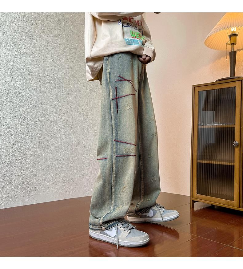 Nightbell - Mid Rise Distressed Washed Loose Fit Jeans