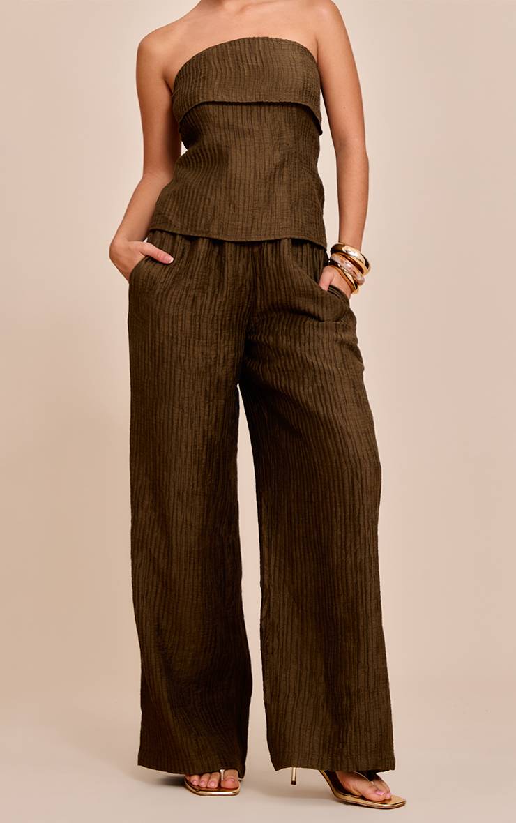Kaki Pantalon Large Taille Mi-haute En Tissu Texturé Tissé
