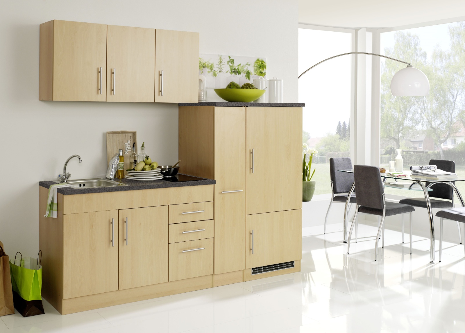 Küchenblock TORONTO - Buche - mit E-Geräten - Glaskeramikkochfeld - 210 cm