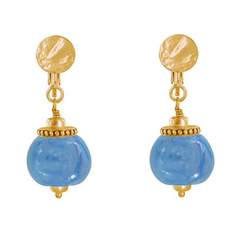 Boucles d'Oreilles Clip Métal Doré et Grosses Perles en Céramique