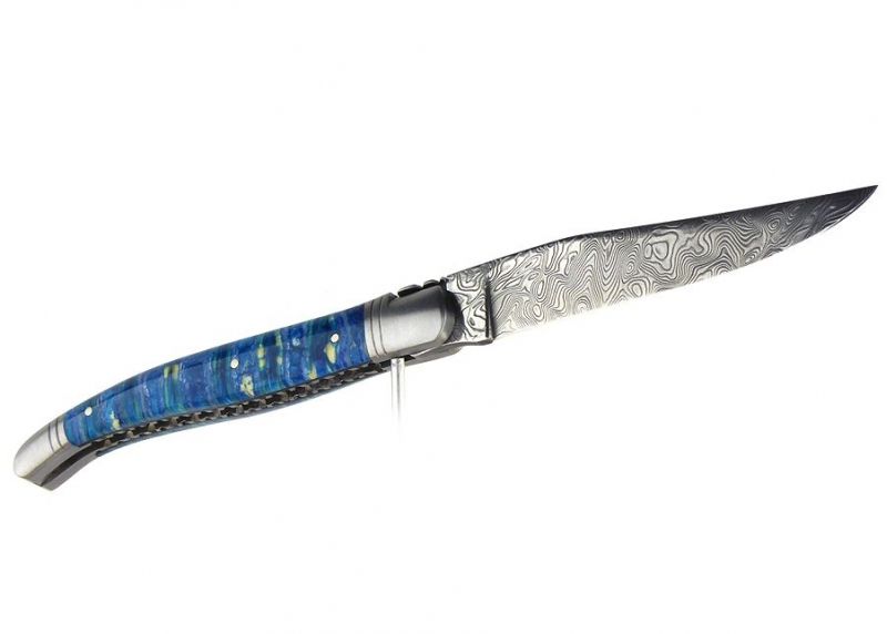 VENDU - Couteau Laguiole avec un manche en molaire de Mammouth teintée bleu