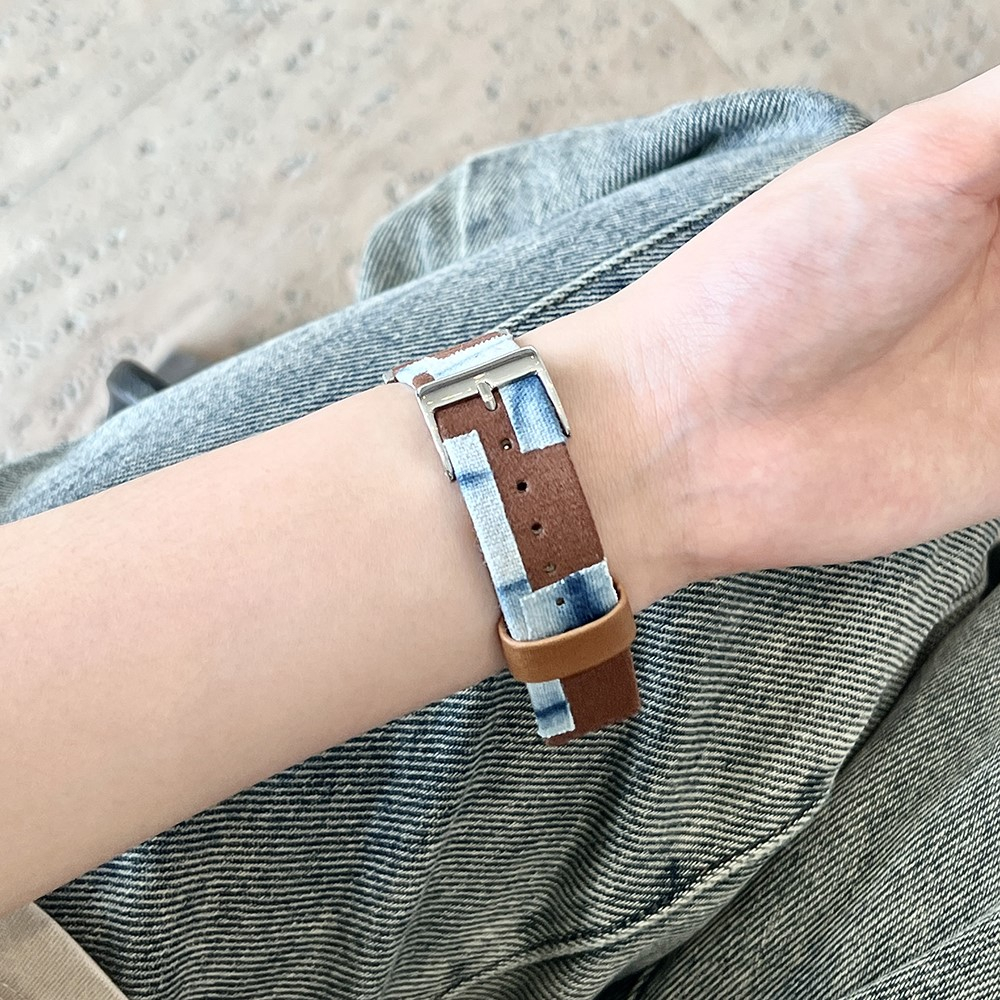 Apple Watch (49/46/45/44 mm) Leder und Jeans Patchwork Armband mit Dornschliesse (Gelenkumfang: 130 - 210 mm) - Braun / Blau