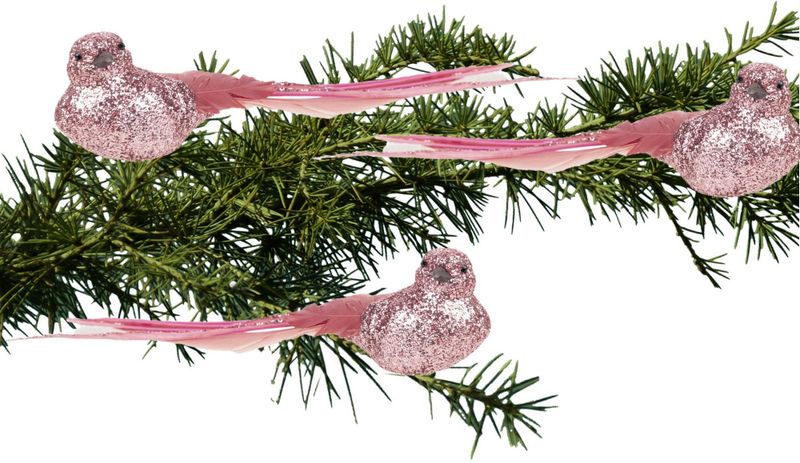 3x stuks kunststof decoratie vogels op clip roze glitter 21 cm - Decoratievogeltjes - Kerstboomversiering