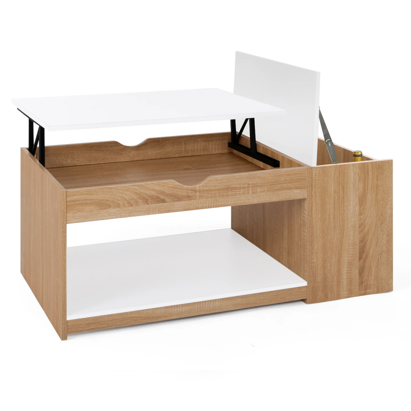 Table basse plateau relevable rectangulaire ELEA avec coffre bois façon hêtre et blanc