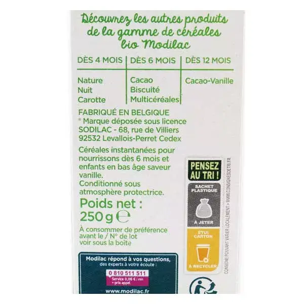 Cereais orgânicos de baunilha Modalac para bebês a partir de 6 meses, 250g