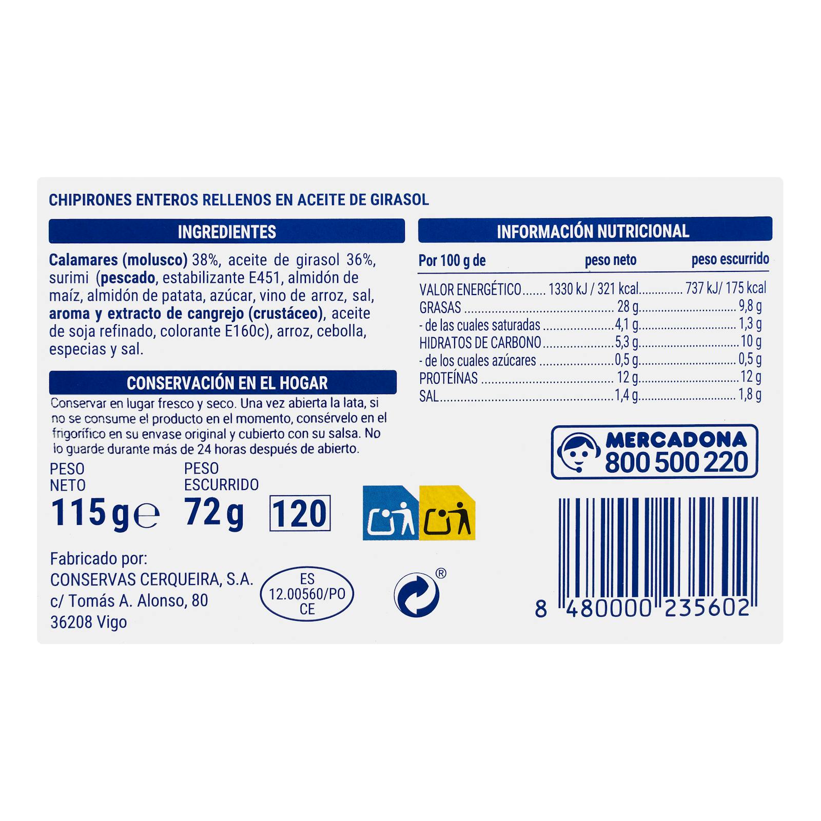 Calamars entiers farcis à l'huile de tournesol Hacendado