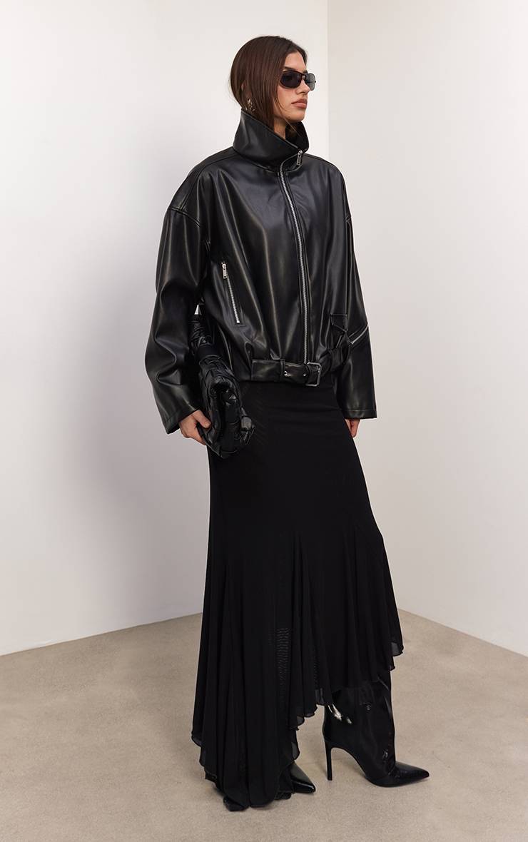 Noir Veste De Motard En Synthétiquecuir Froncé Avec Ceinture Basse