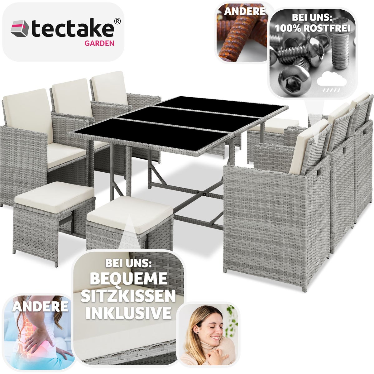 tectake Malaga rotan zitgroep voor 6 tot 10 personen, inklapbaar, inclusief beschermhoes