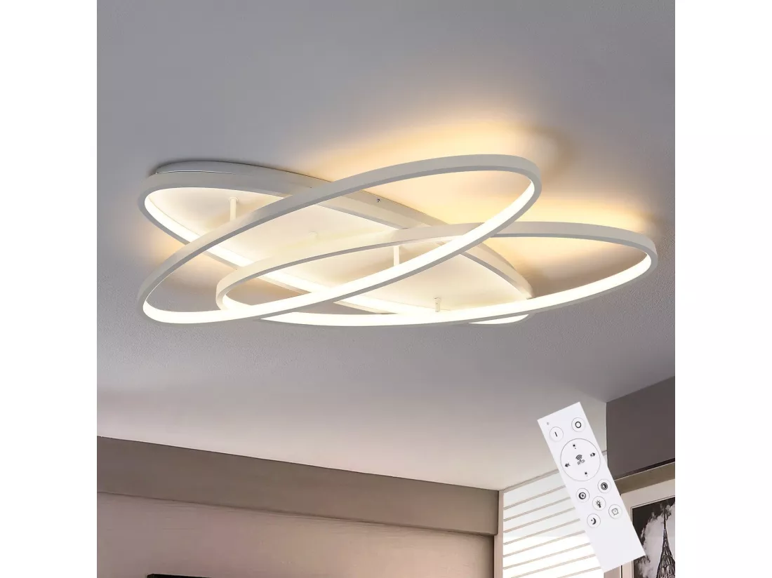 NETTLIFE Plafonnier LED Salon - 76 W Lampe de Salon 2 Anneaux Dimmable avec Télécommande Lampe Design Moderne Chambre Cuisine Lampe Blanc
