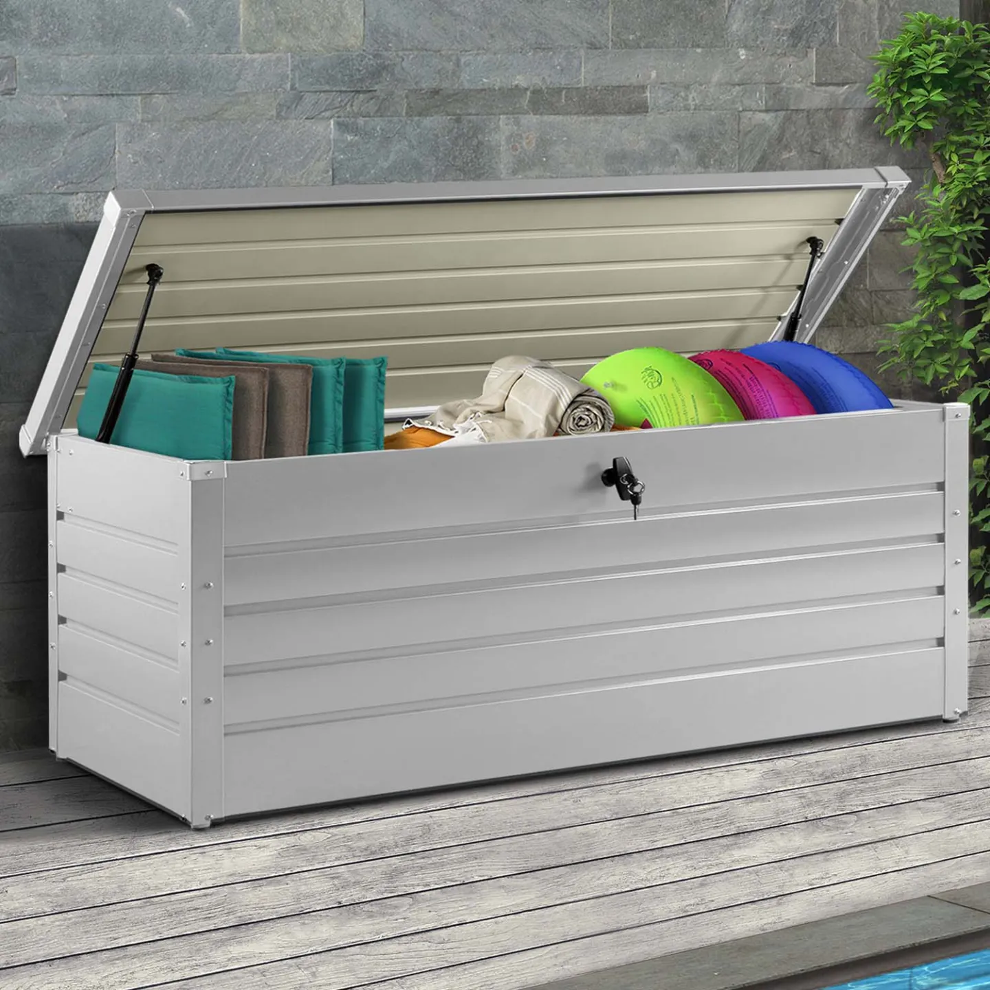 Coffre de rangement métal verrouillable gris clair pour jardin 600L 165x70x63 cm