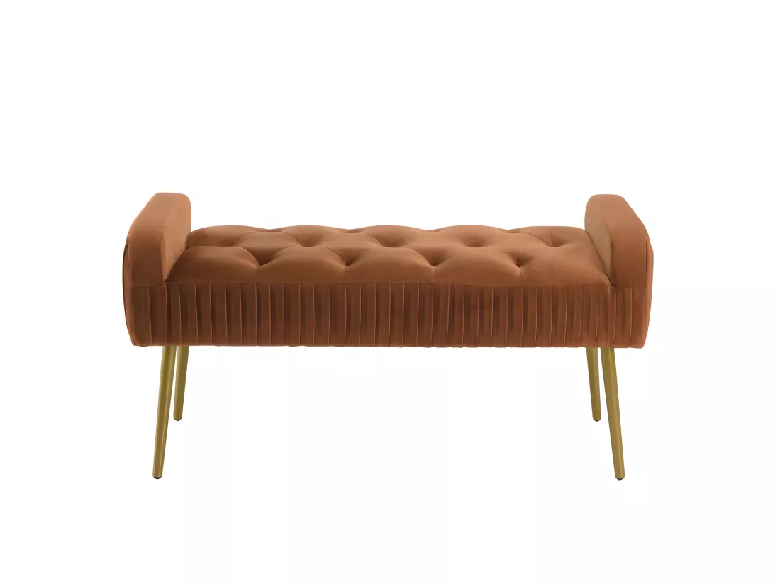 ALBANE - Banc de lit en velours orange pieds métal doré