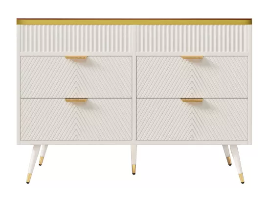 Buffet avec poignées dorées 6 tiroirs et compartiments Plateau en verre ambré Design à rayures irrégulières Blanc