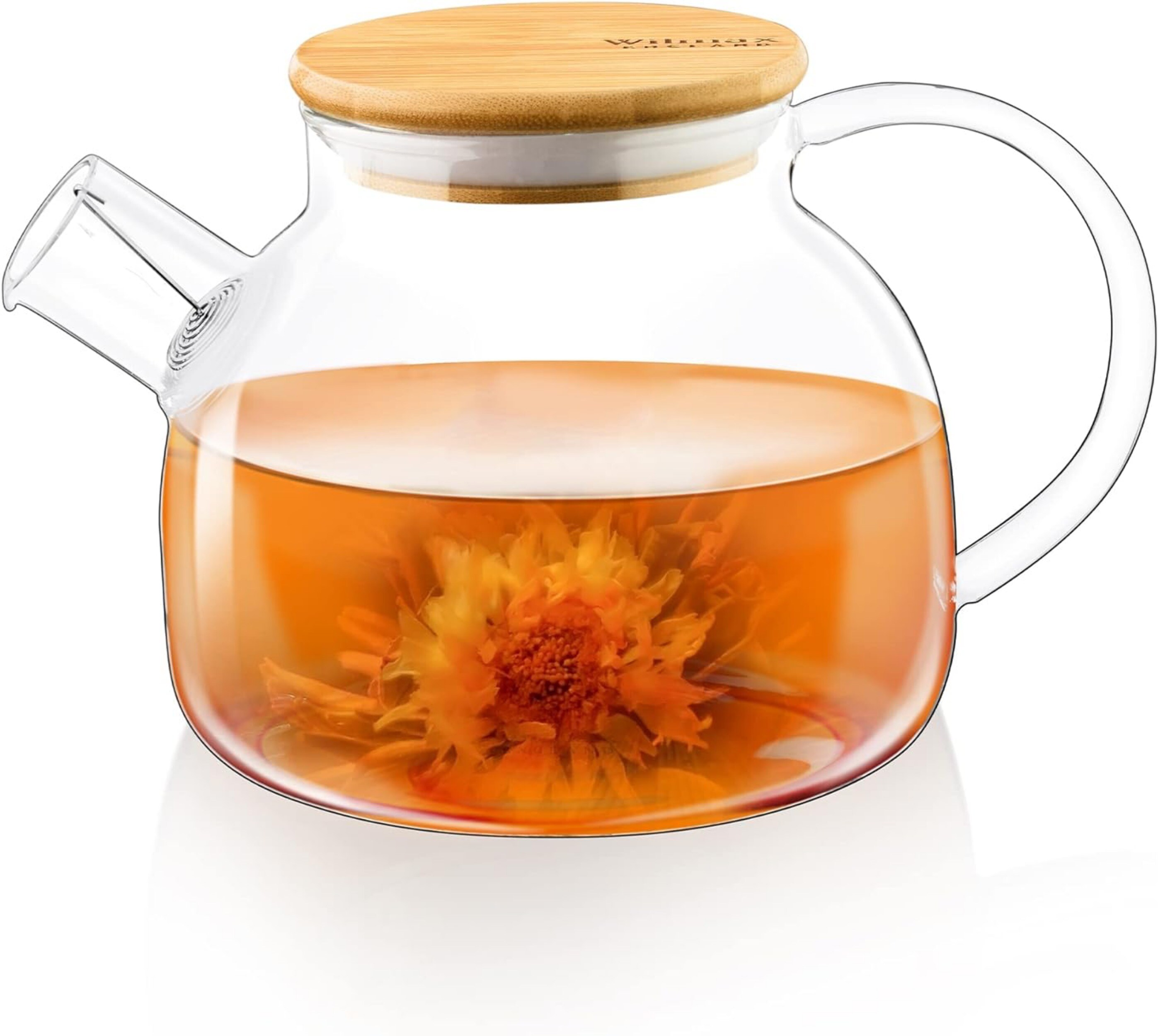 Glas Teekanne mit Sieb, 950ml Teesieb für losen Tee, Glasteekanne, Bambus-Deckel