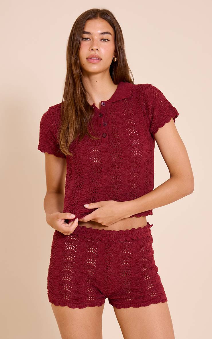 Rouge Bordeaux Haut Col Polo En Crochet