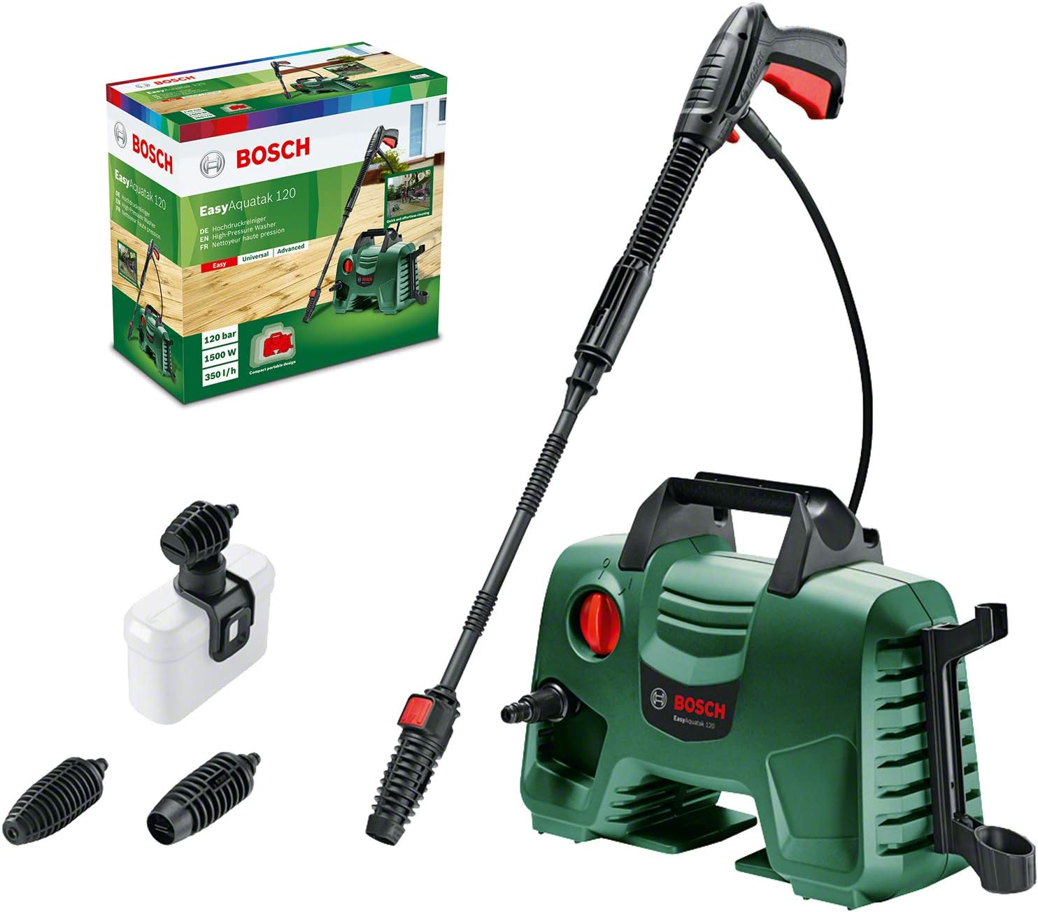 Bosch EasyAquatak 120 Hochdruckreiniger - 1500 Watt, 120 bar, vielseitiges Zubehör, kompakte Bauweise, inkl. Schlauch und Düsen